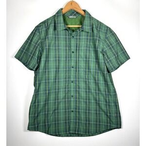 Stio Snap Front Performance Shirt Large Green Plaid Short Sleeve Hiking Outdoor